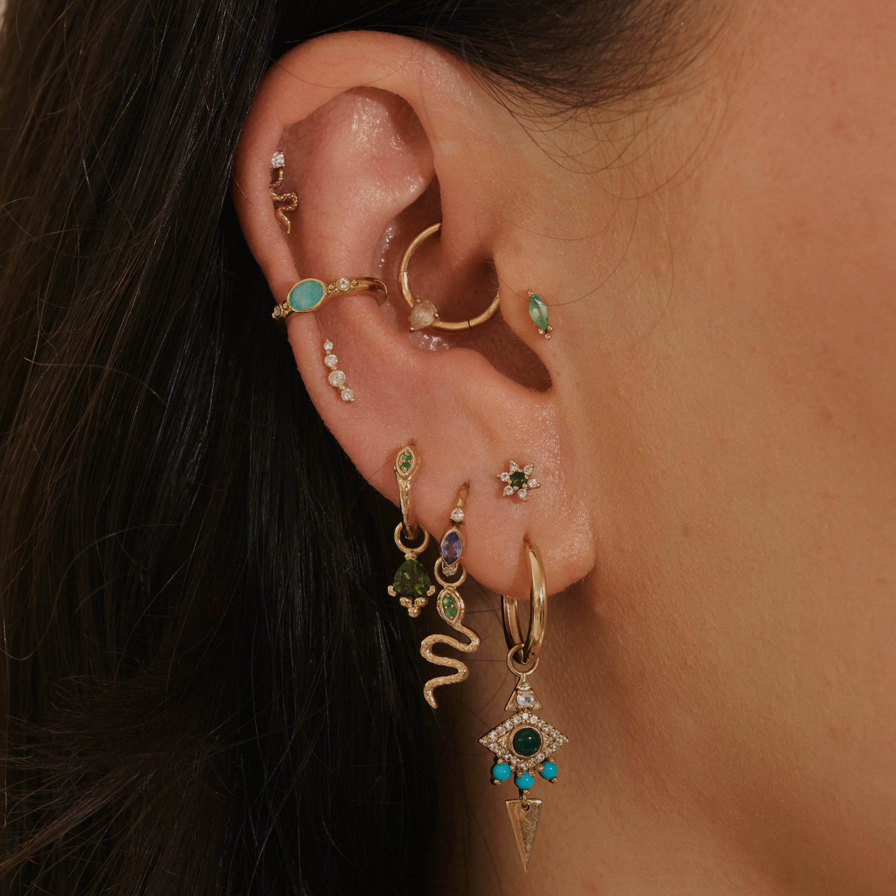 close up of gold ear stack including the Amazonite & White Sapphire Ear Cuff 14k Gold Vermeil