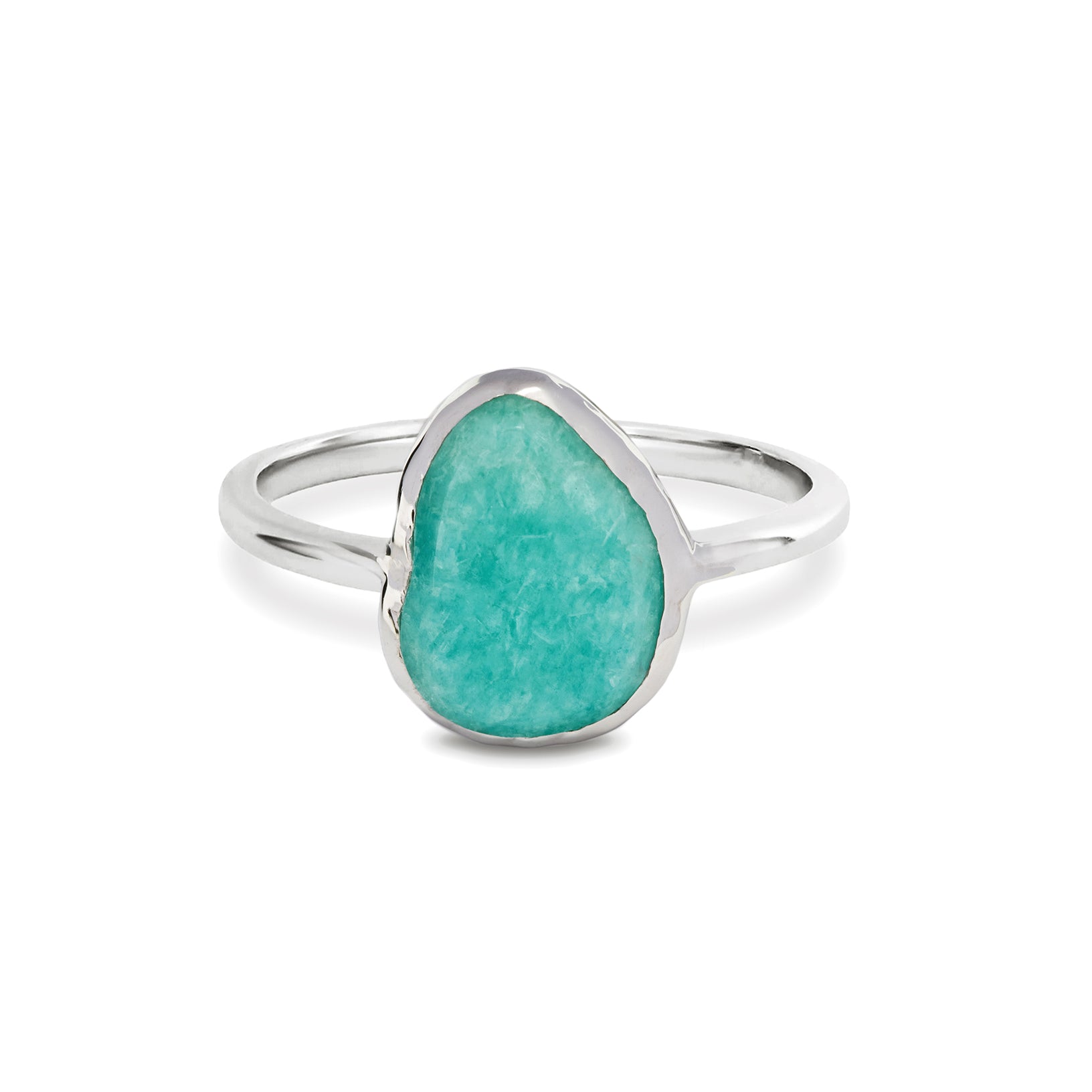 Amazonite pebble ring sterling silver white background