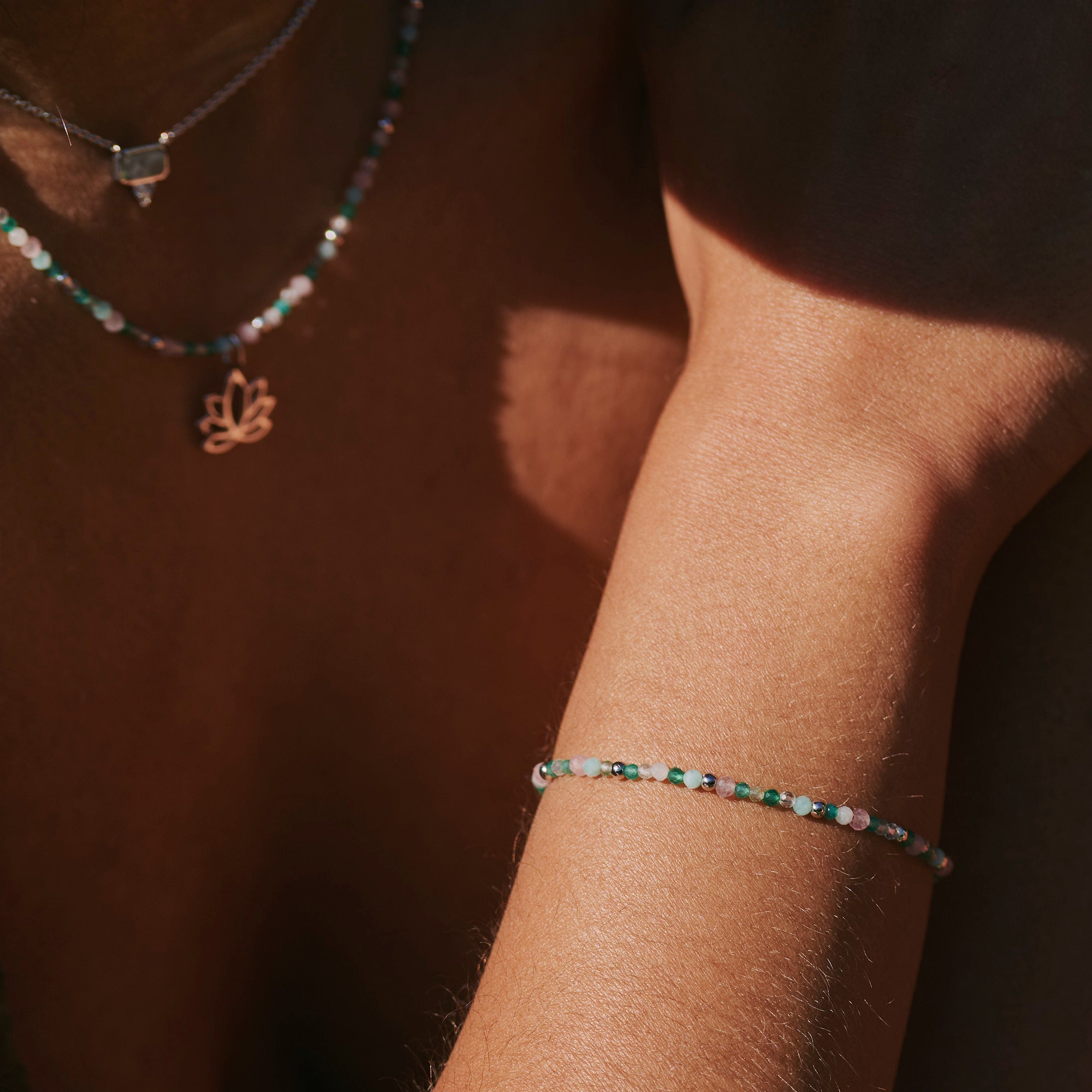 model wearing the Beaded Bracelet Sterling Silver and matching beaded necklace