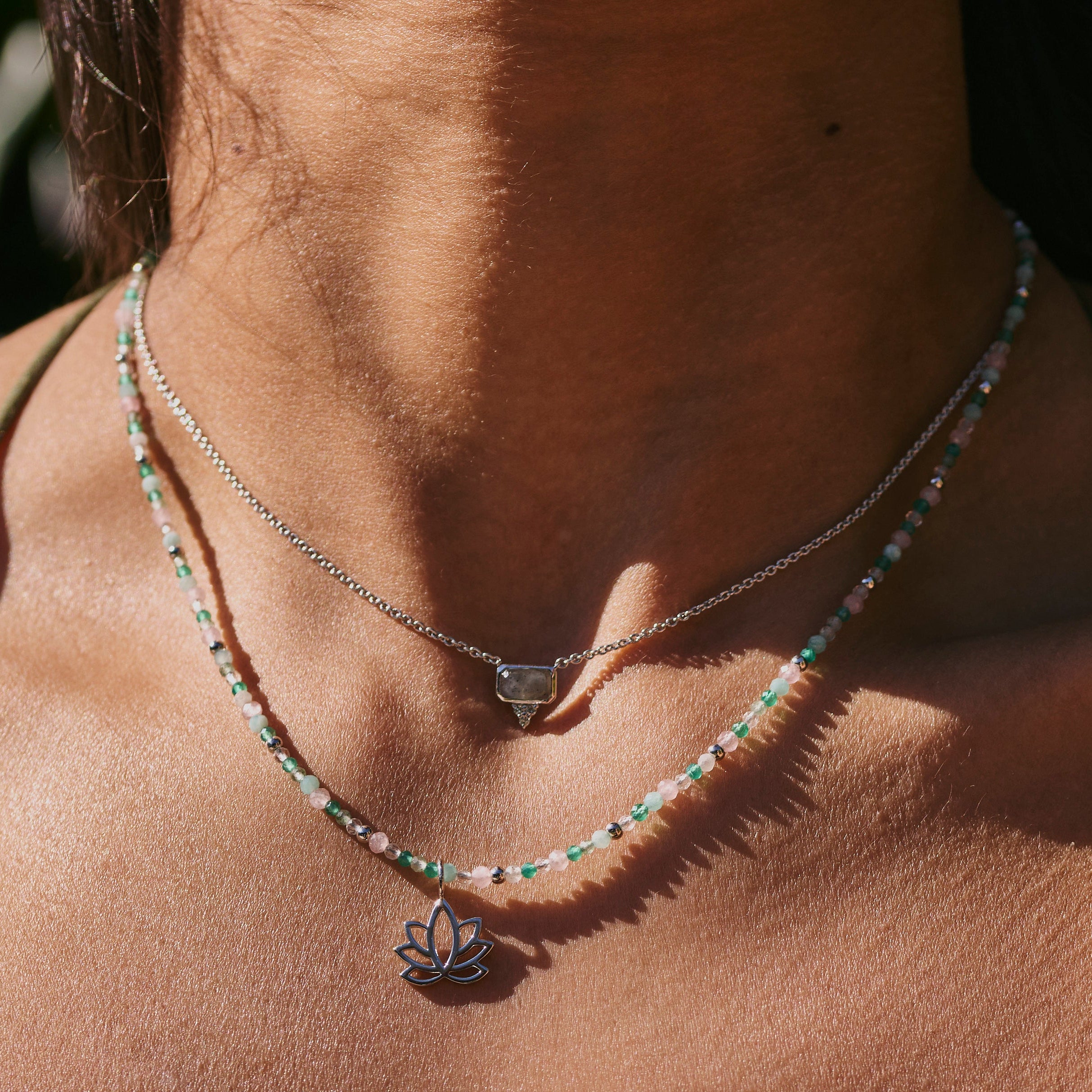 Beaded Necklace Sterling Silver with the lotus pendant in sterling silver