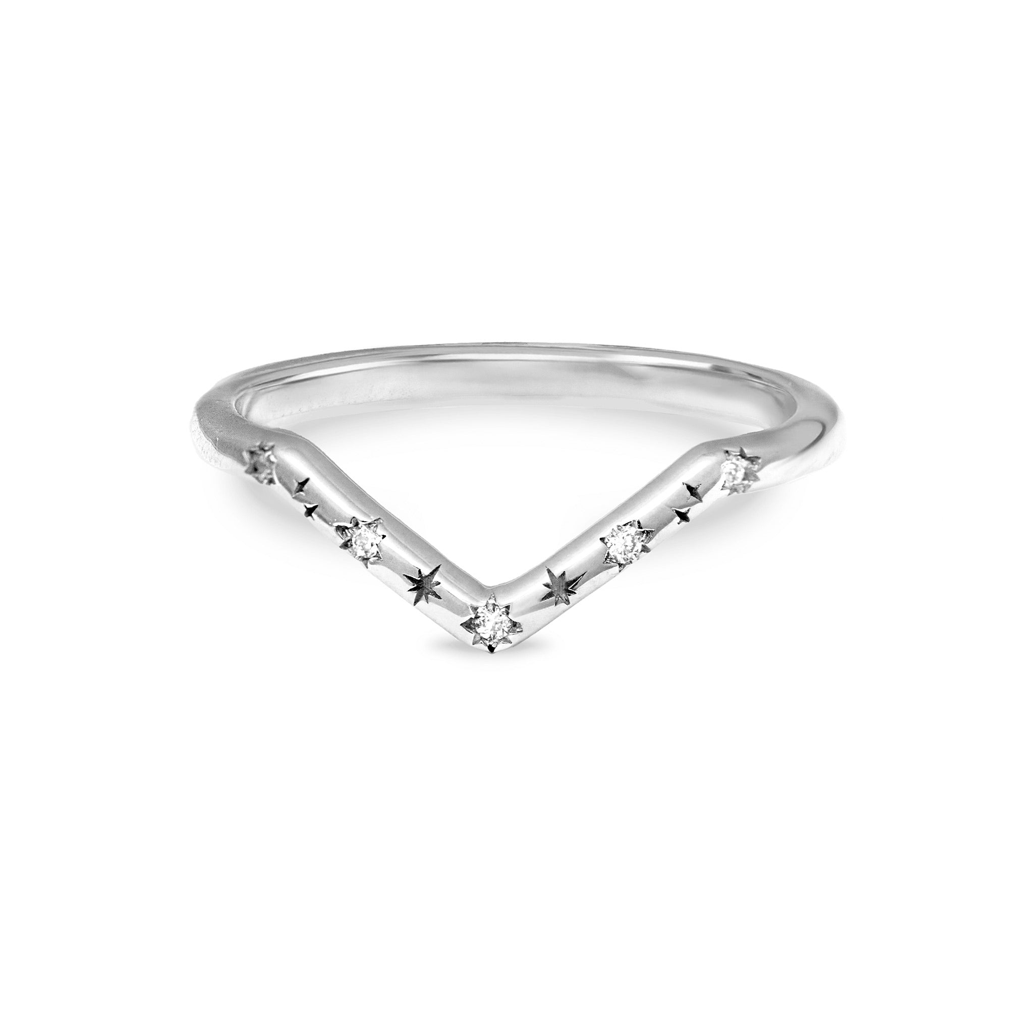white gold diamond wishbone ring on white background