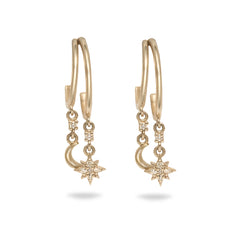 Gold earrings with star and moon designs on a white background