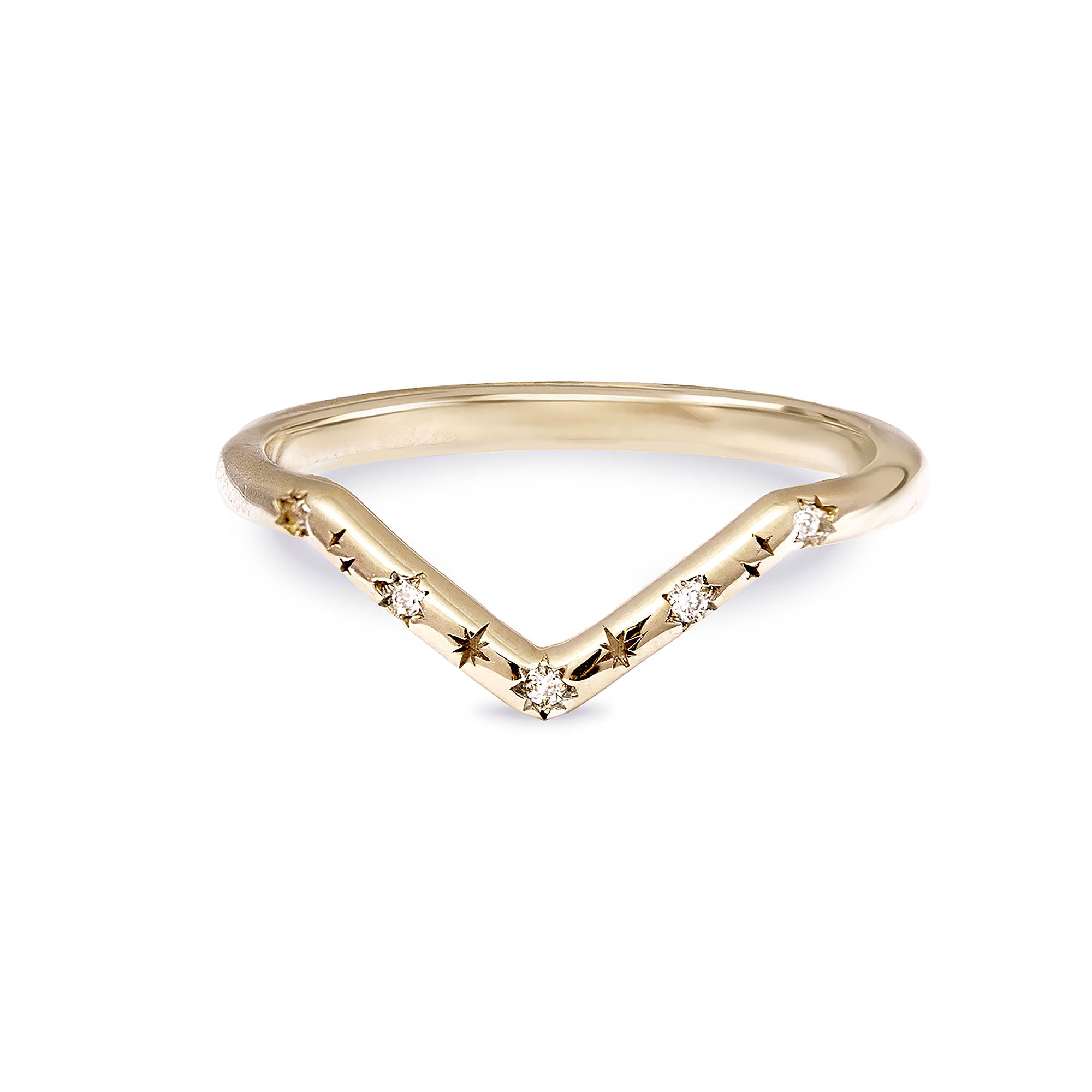 Engraved diamond wishbone ring on white background