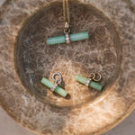 Chrysoprase T-Bar Earring Charm 9k Gold displayed with matching pendant and silver charm