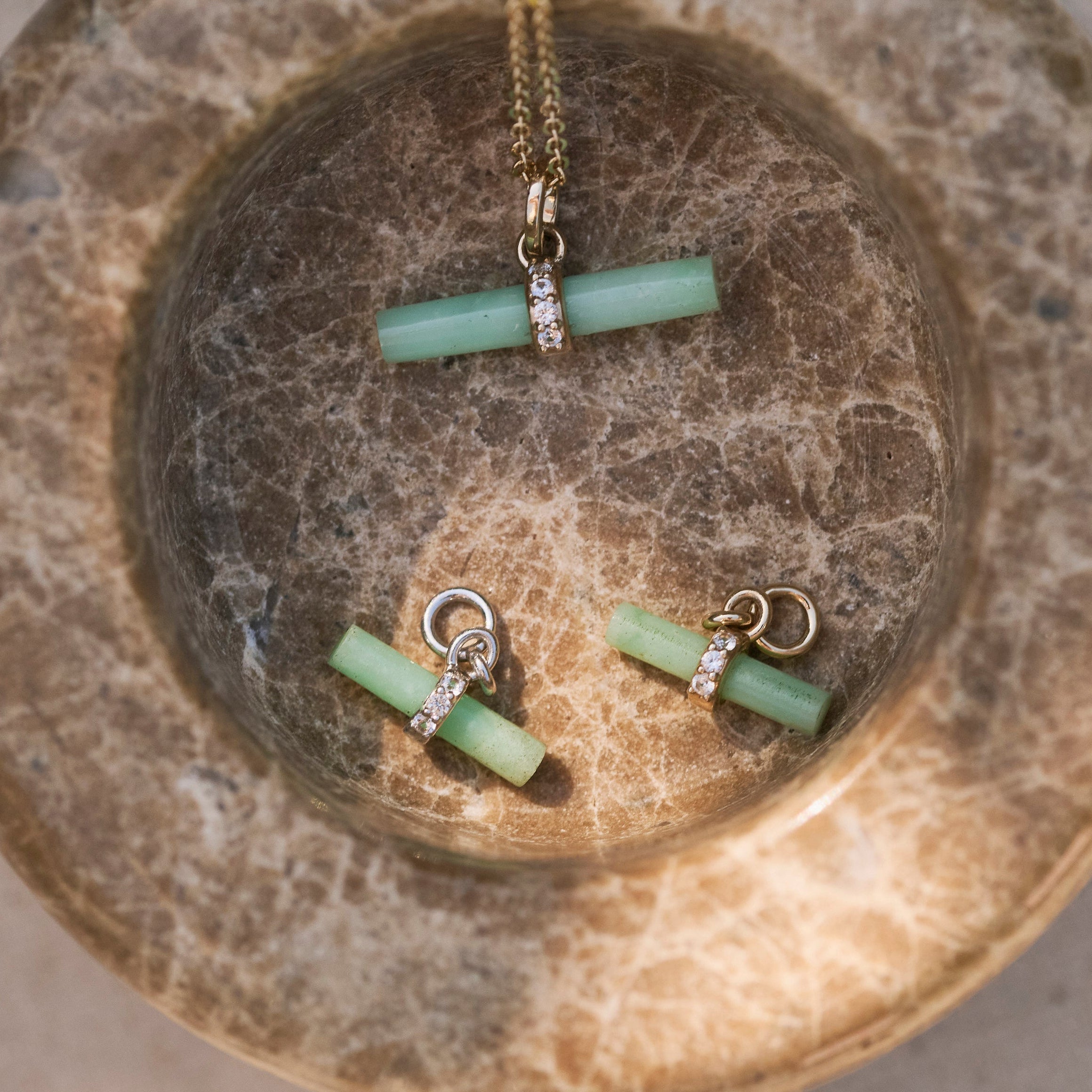 Chrysoprase T-Bar Earring Charm 9k Gold displayed with matching pendant and silver charm