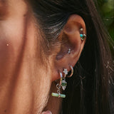 model wearing sterling silver jewellery including the Chrysoprase T-Bar Earring Charm Sterling Silver