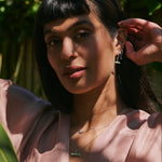 model wearing matching t-bar set Chrysoprase T-Bar Earring Charm Sterling Silver an pendant