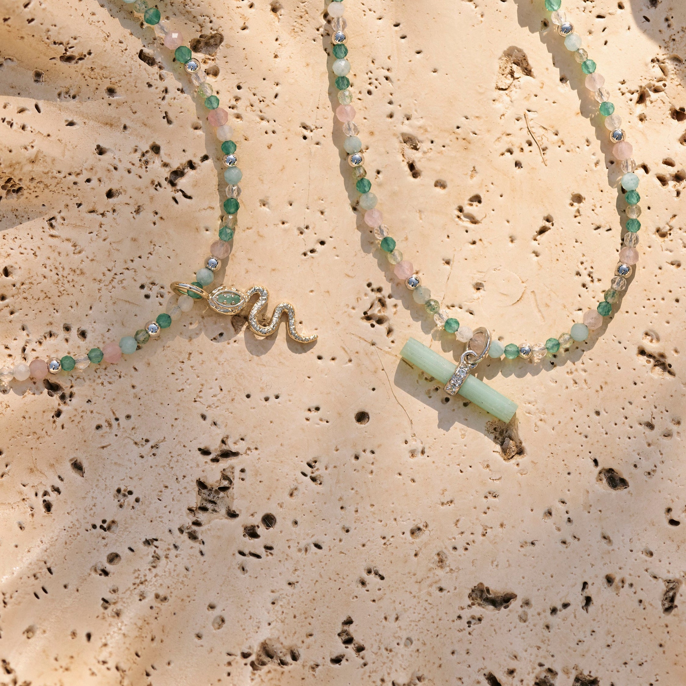 Chrysoprase T-Bar Pendant 9k Gold with Pastel Semi-Precious Beaded Necklace and snake pendant
