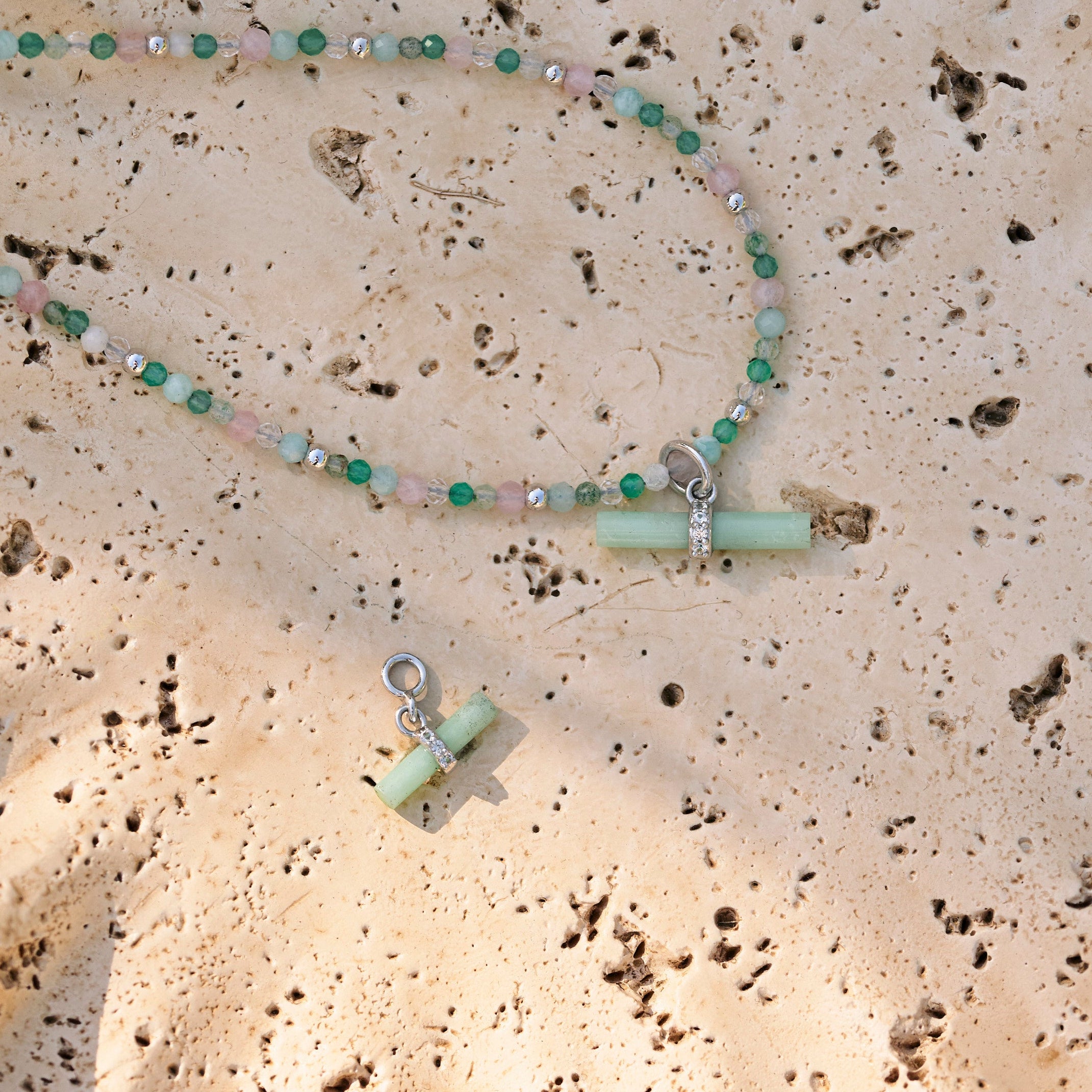 Chrysoprase T-Bar Pendant Sterling Silver and matching earring charm on stone