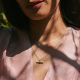 model wearing Chrysoprase T-Bar Pendant Sterling Silver and Moonstone & Sapphire Sunburst Necklace
