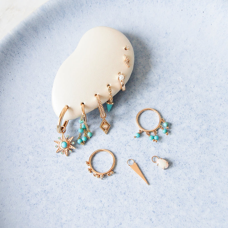 Double Turquoise Bead Chain Huggie Hoop Earring 9k Gold