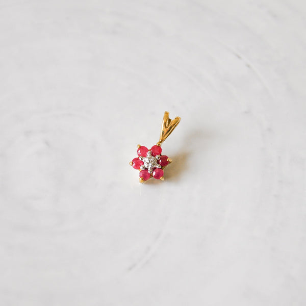 9k Gold Ruby & Diamond Flower Cluster Vintage Pendant