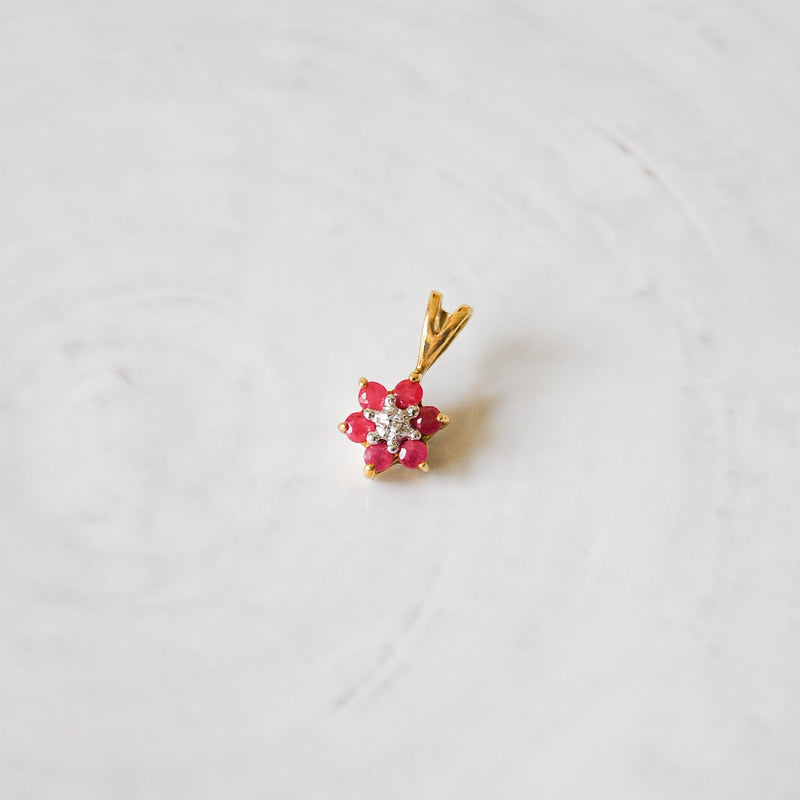 9k Gold Ruby & Diamond Flower Cluster Vintage Pendant