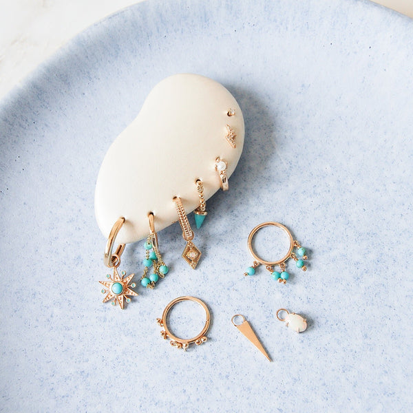 Mini Turquoise Spike Hoop Earrings 9k Gold