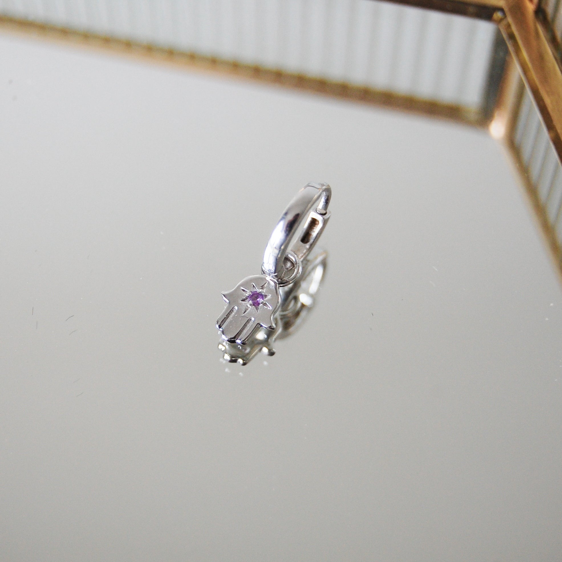 Hand of Fatima Amethyst Earring Charm Sterling Silver in mirror jewellery box