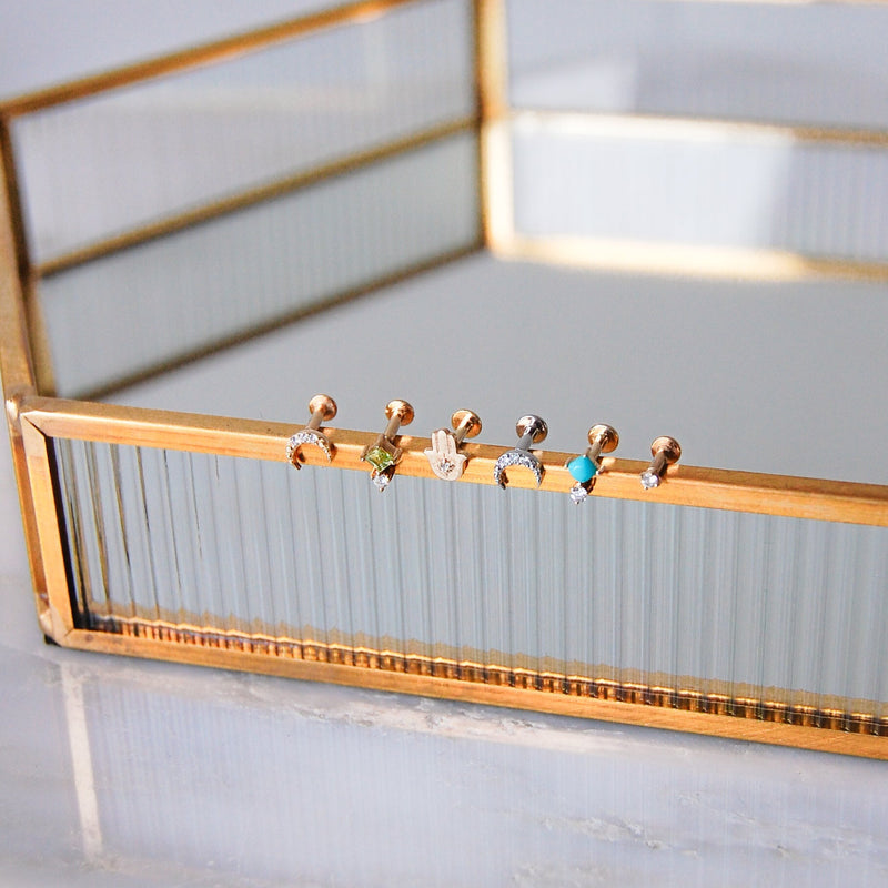 earring display on mirror jewellery box including the Diamond Moon Flat Back Earring 14k White Gold