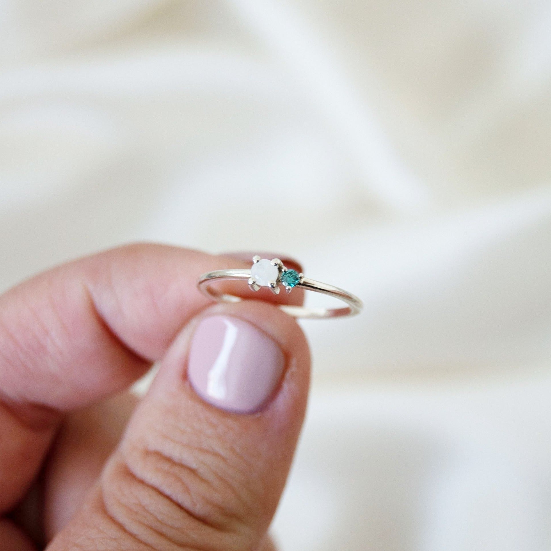 Moonstone & Blue Diamond Ring Sterling Silver Size N Sample