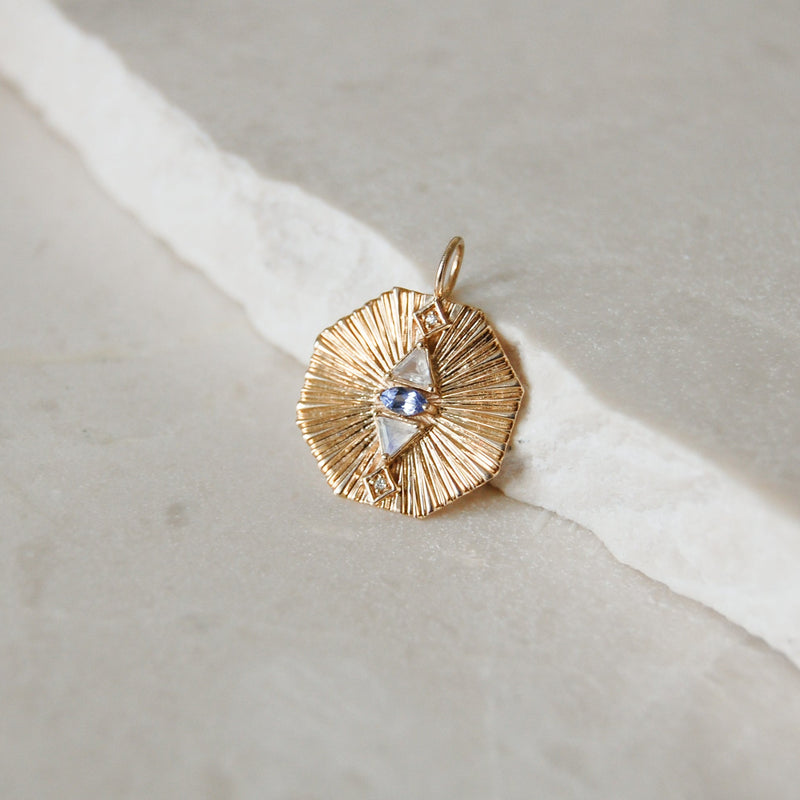 Tanzanite, Moonstone Diamond Engraved Octagon Necklace 9k Gold