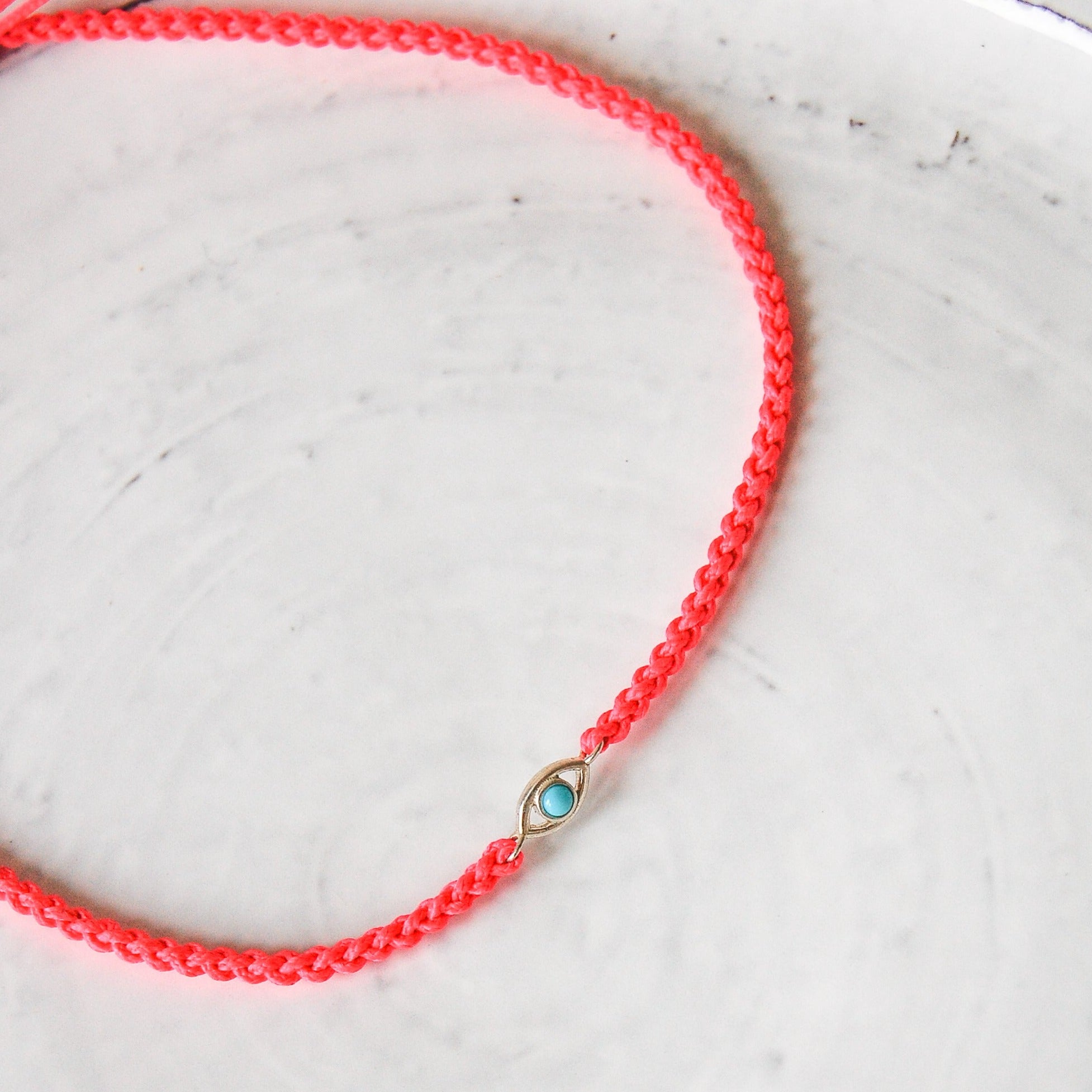 Evil Eye Cord Anklet Neon Pink Sterling Silver