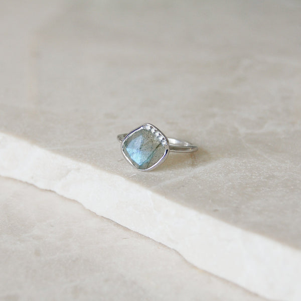 Grecian Labradorite Stone Ring Sterling Silver on marble surface