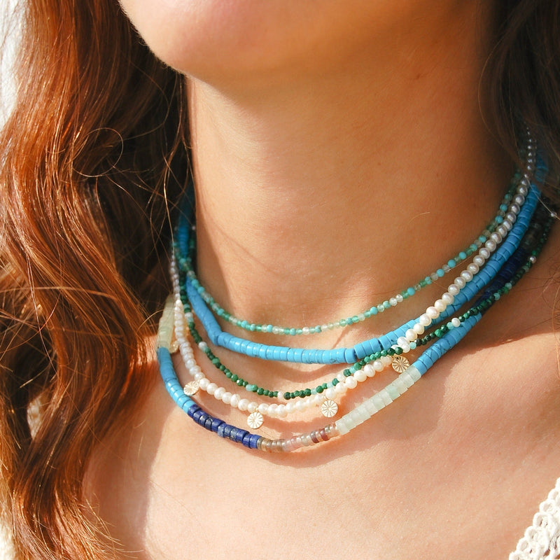 Multi Blues Statement Beaded Necklace Sterling Silver