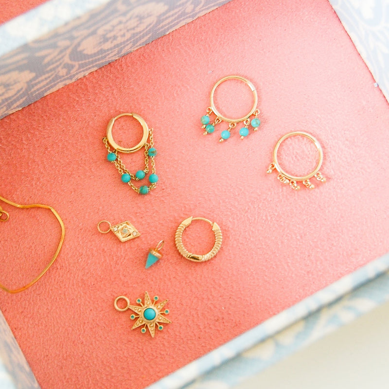 Turquoise Bead Drop Seamless Hoop Earring 9k Gold