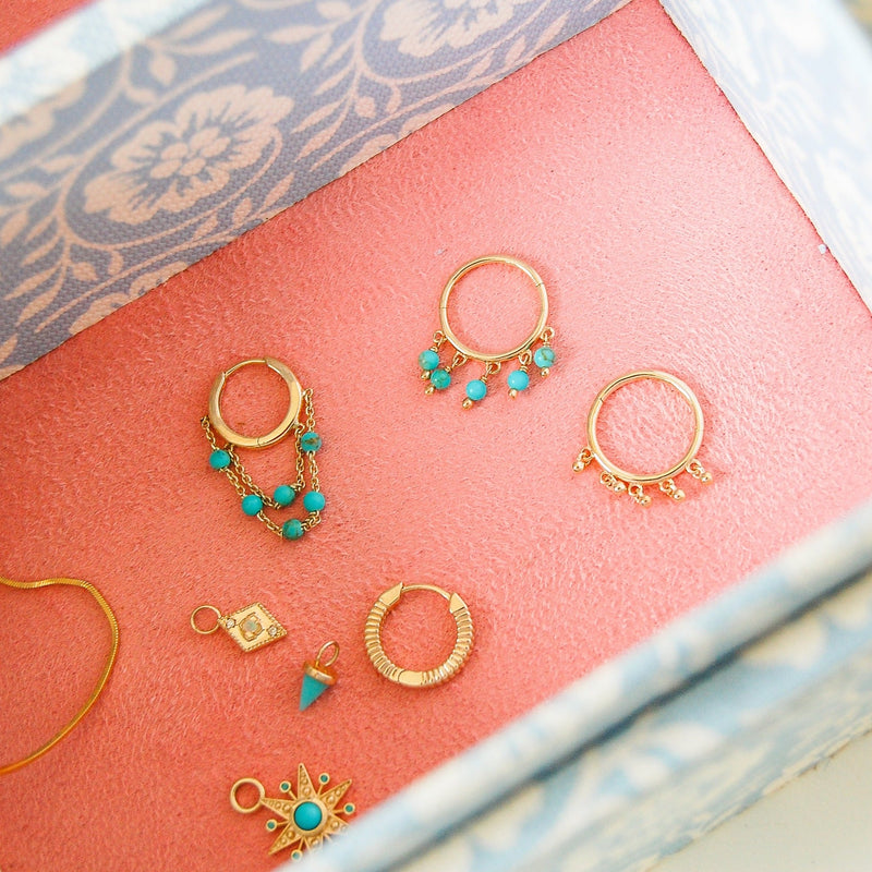 Mini Turquoise Spike Hoop Earrings 9k Gold