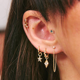 multiple gold earrings on ear