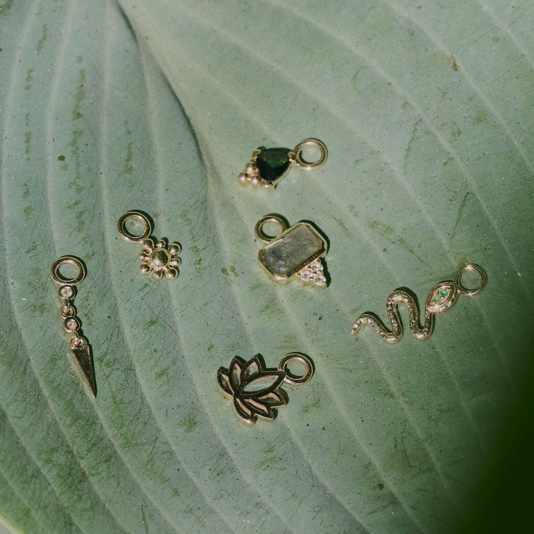 solid gold earring charms displayed on a green leaf including the Labradorite & White Sapphire Earring Charm 9k Gold