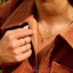 model wearing matching rings and necklaces including the Diamond Octagon Ring 9k Gold