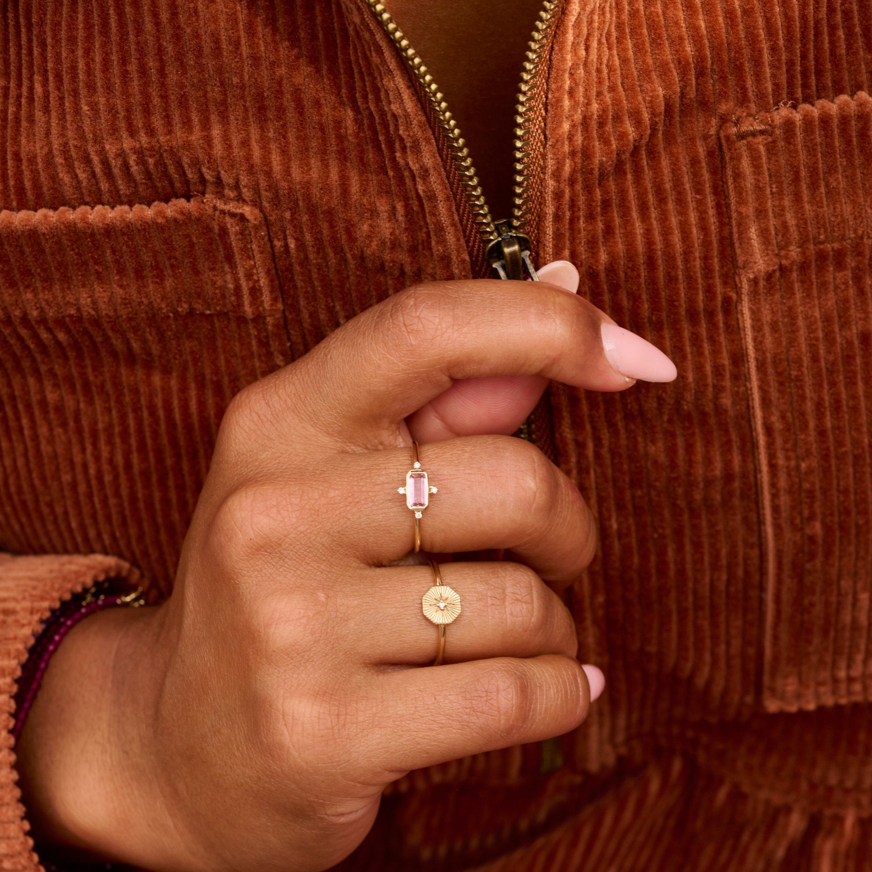 Diamond Octagon Ring 9k Gold worn by model along with the pink tourmaline and diamond ring in solid gold