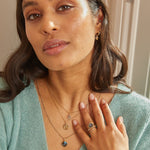 model wearing solid gold jewellery including the diamond open ring 9k gold
