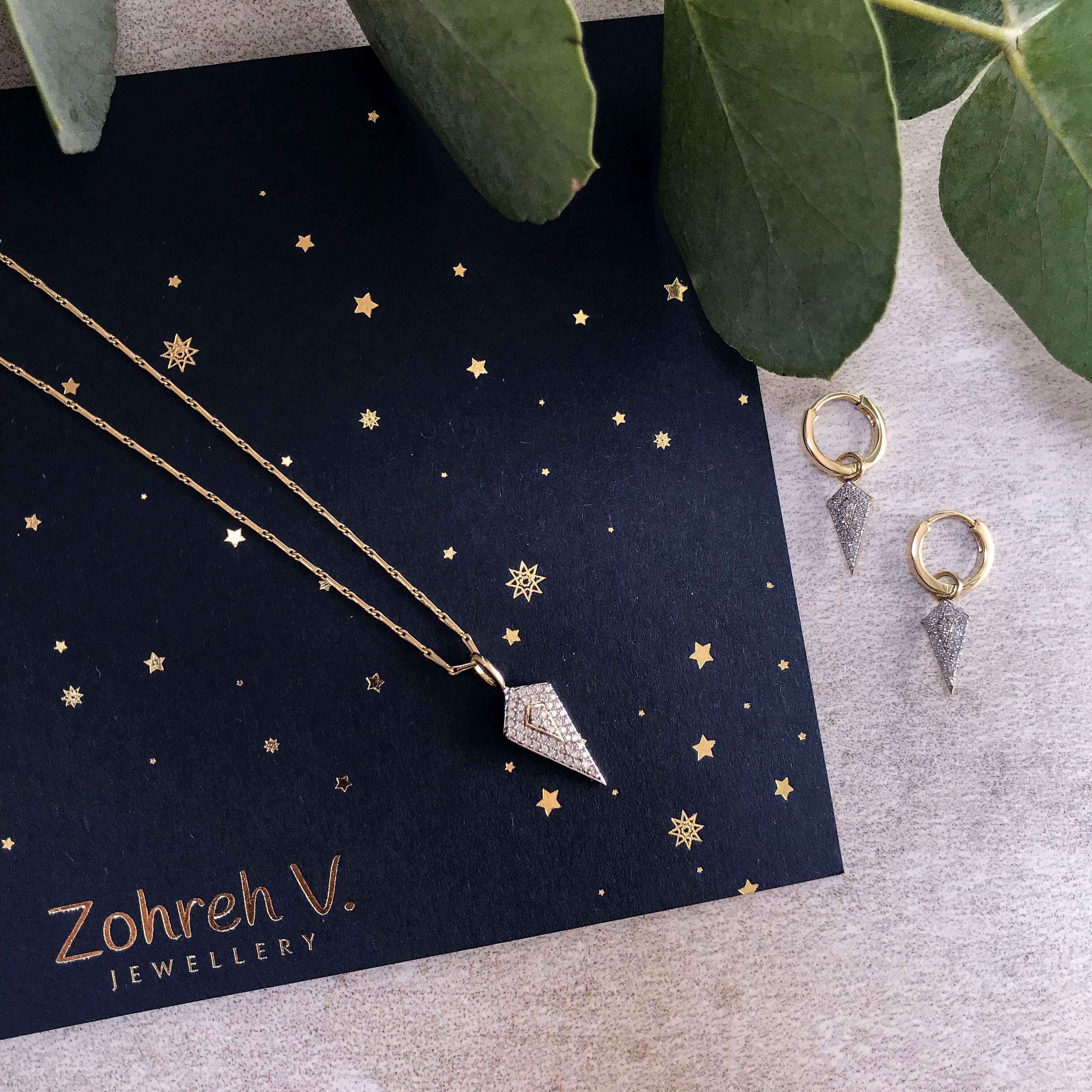 Diamond Rhombus Necklace 9k Gold and hoops on zohreh v cosmic card