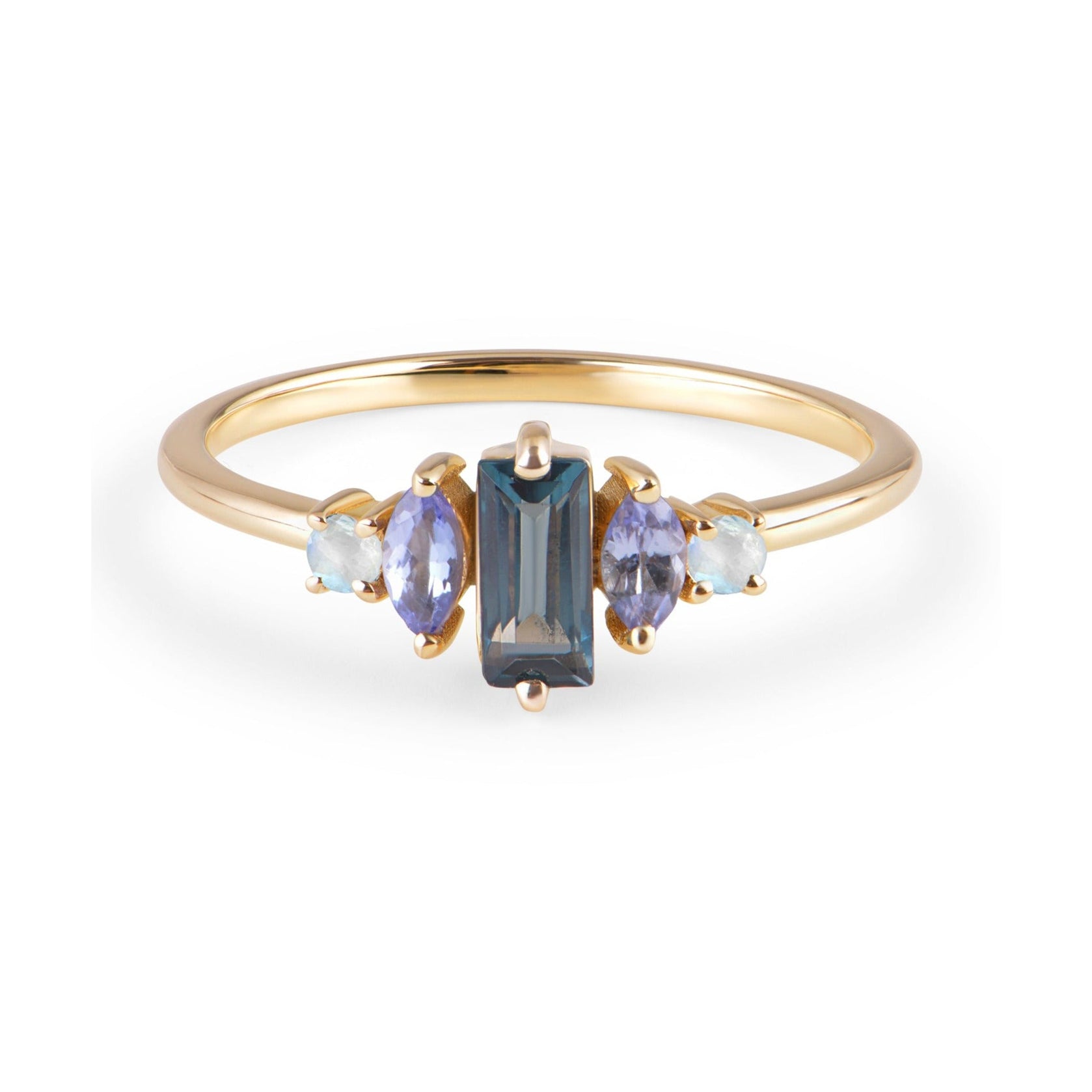 London Blue Topaz, Tanzanite & Moonstone Ring 9k Gold Size J, K, M, N & O Sample