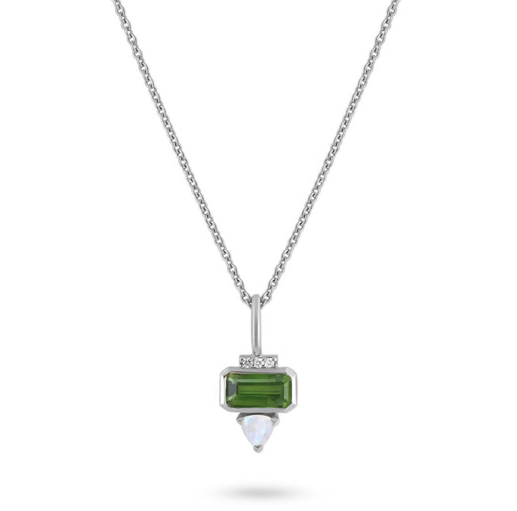 silver green necklace on white backround