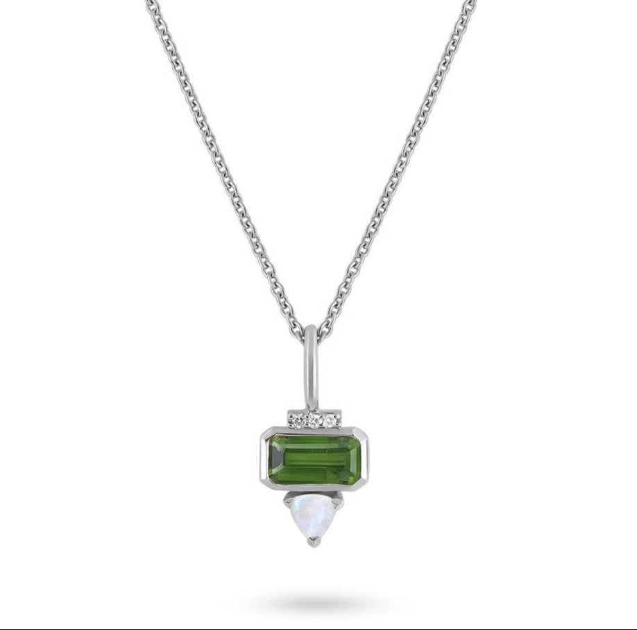 silver green necklace on white backround