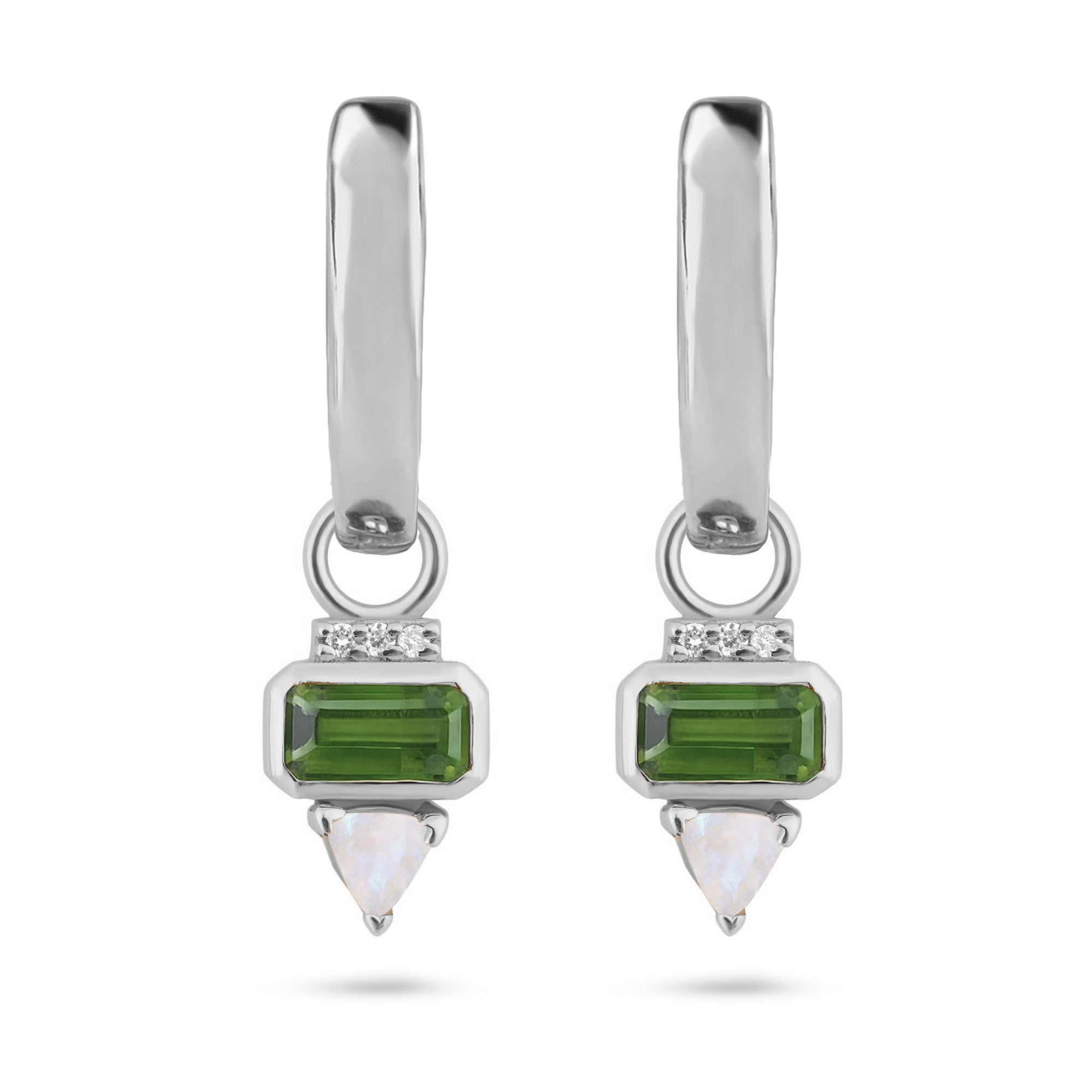 Green tourmaline earrings on white background