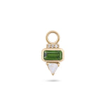 Gold earring charm with green gemstone and white stone on a white background