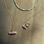 Guava Quartz T-Bar Pendant 9k Gold displayed with matching hoop earring and beaded necklace