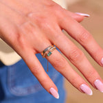 model wearing ring stack including the Hammered Band Ring 9k Gold