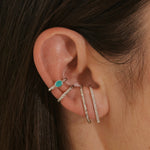 model wearing the Hammered Suspender Earring Sterling Silver, white sapphire pave suspender earring, amazonite ear cuff and hammered ear cuff
