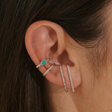 model wearing the Hammered Suspender Earring Sterling Silver, white sapphire pave suspender earring, amazonite ear cuff and hammered ear cuff