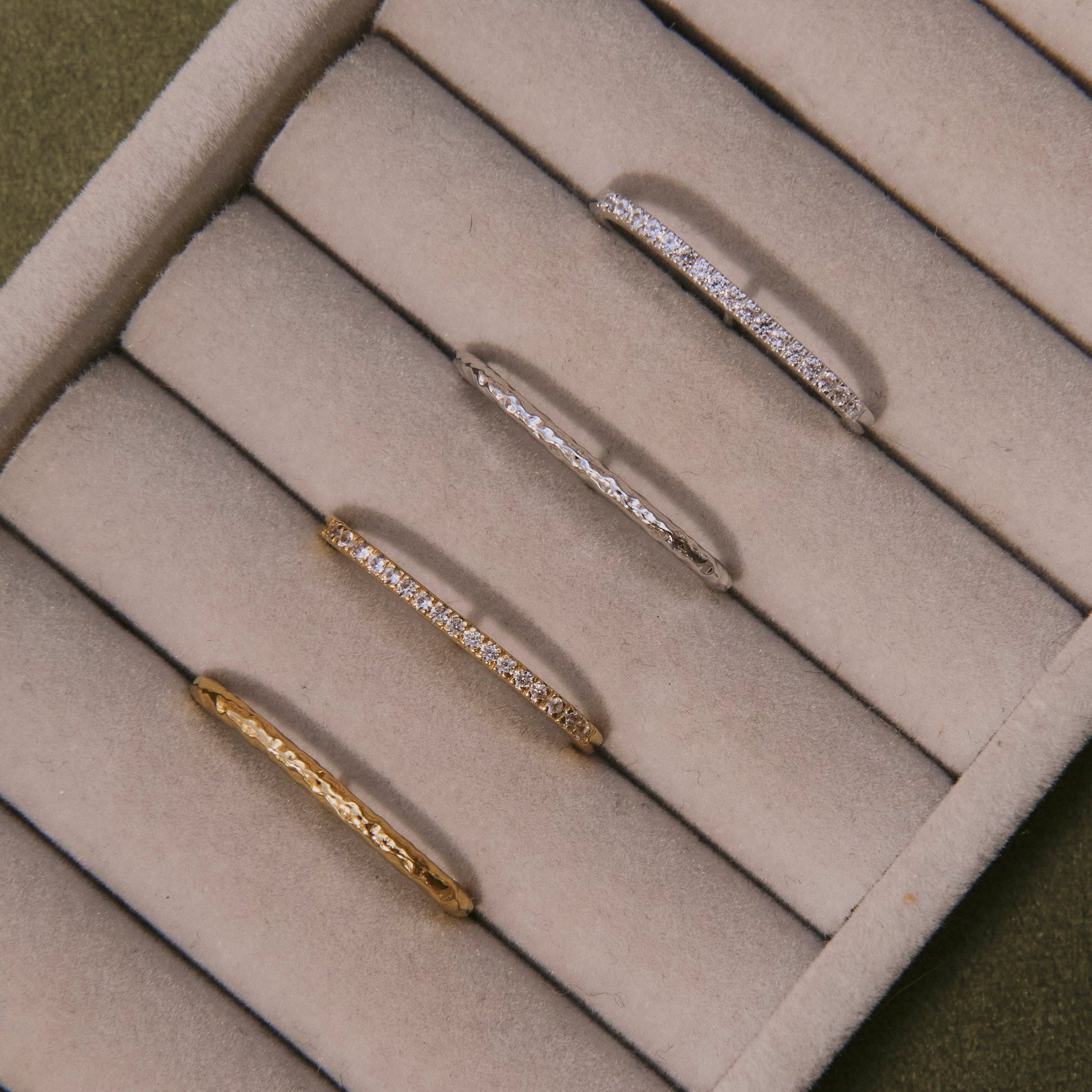 Hammered Suspender Earring Sterling Silver displayed on jewellery box along with gold suspender earring