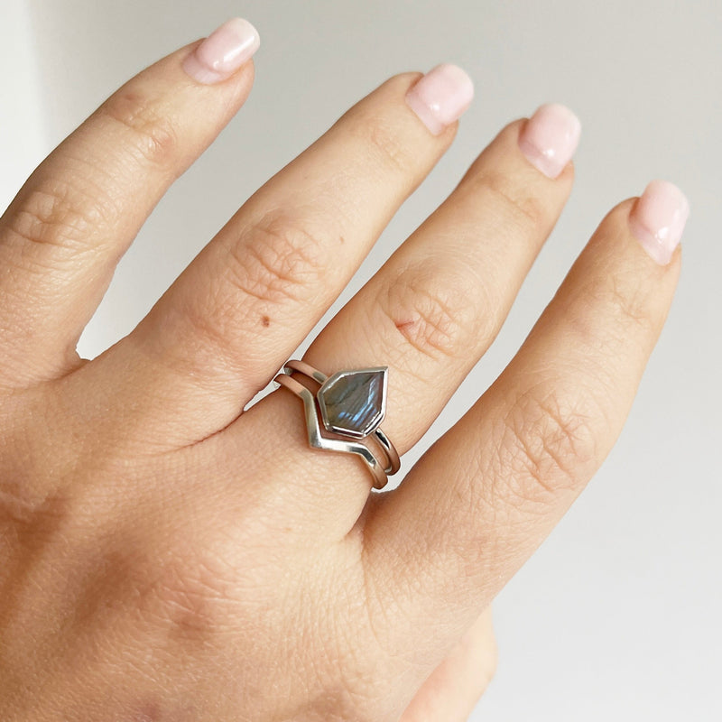 Labradorite Kite Ring Sterling Silver and wishbone ring on model hand