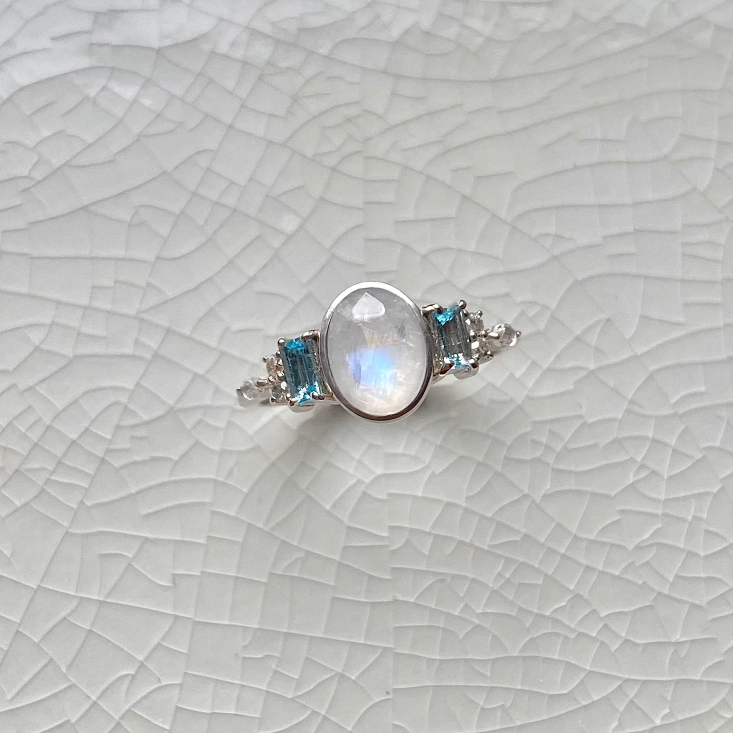 Moonstone, London Blue Topaz, White Sapphire & Moonstone Ring Sterling Silver Size M Sample