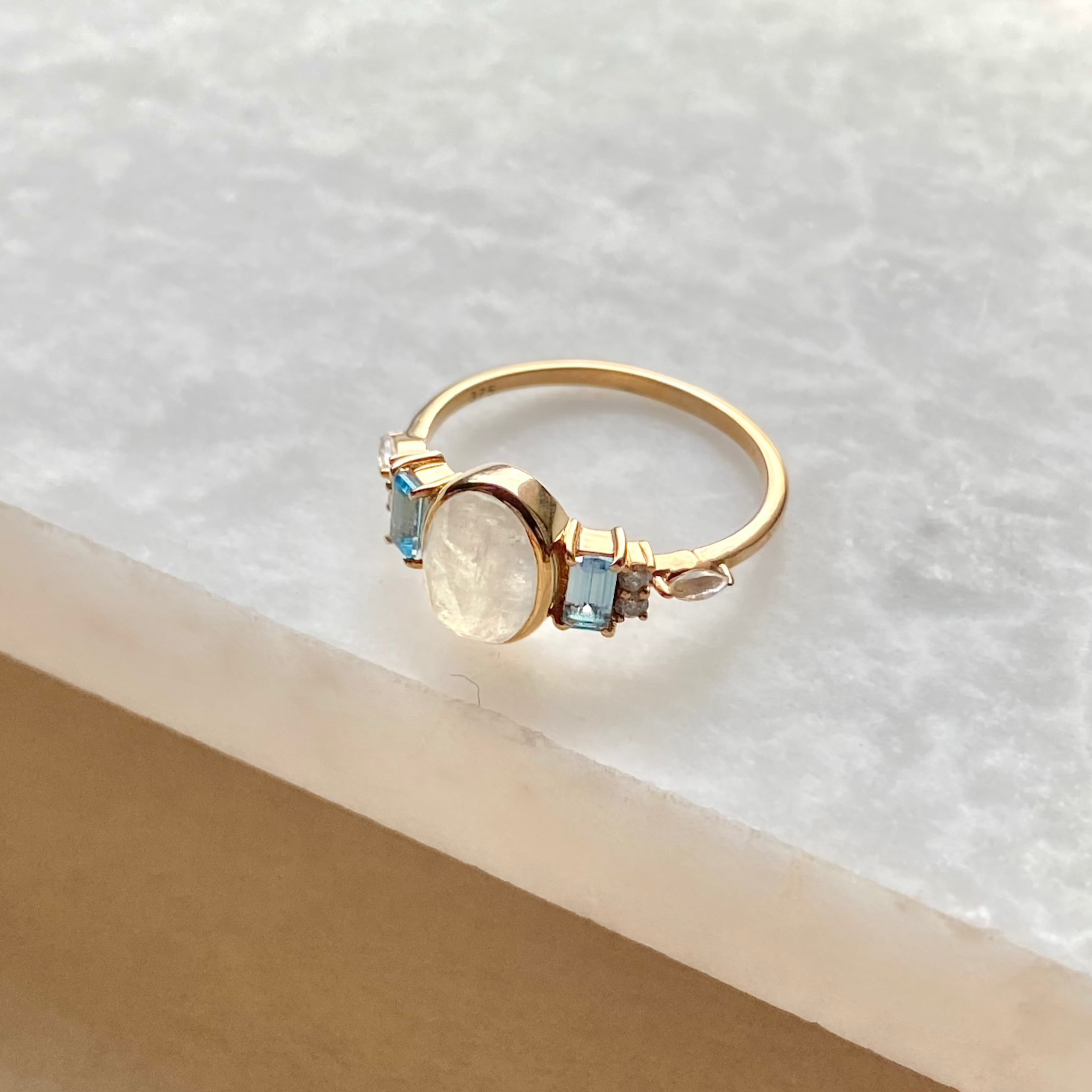 Moonstone, London Blue Topaz, Diamond & Moonstone Ring 9k Gold Size M Sample