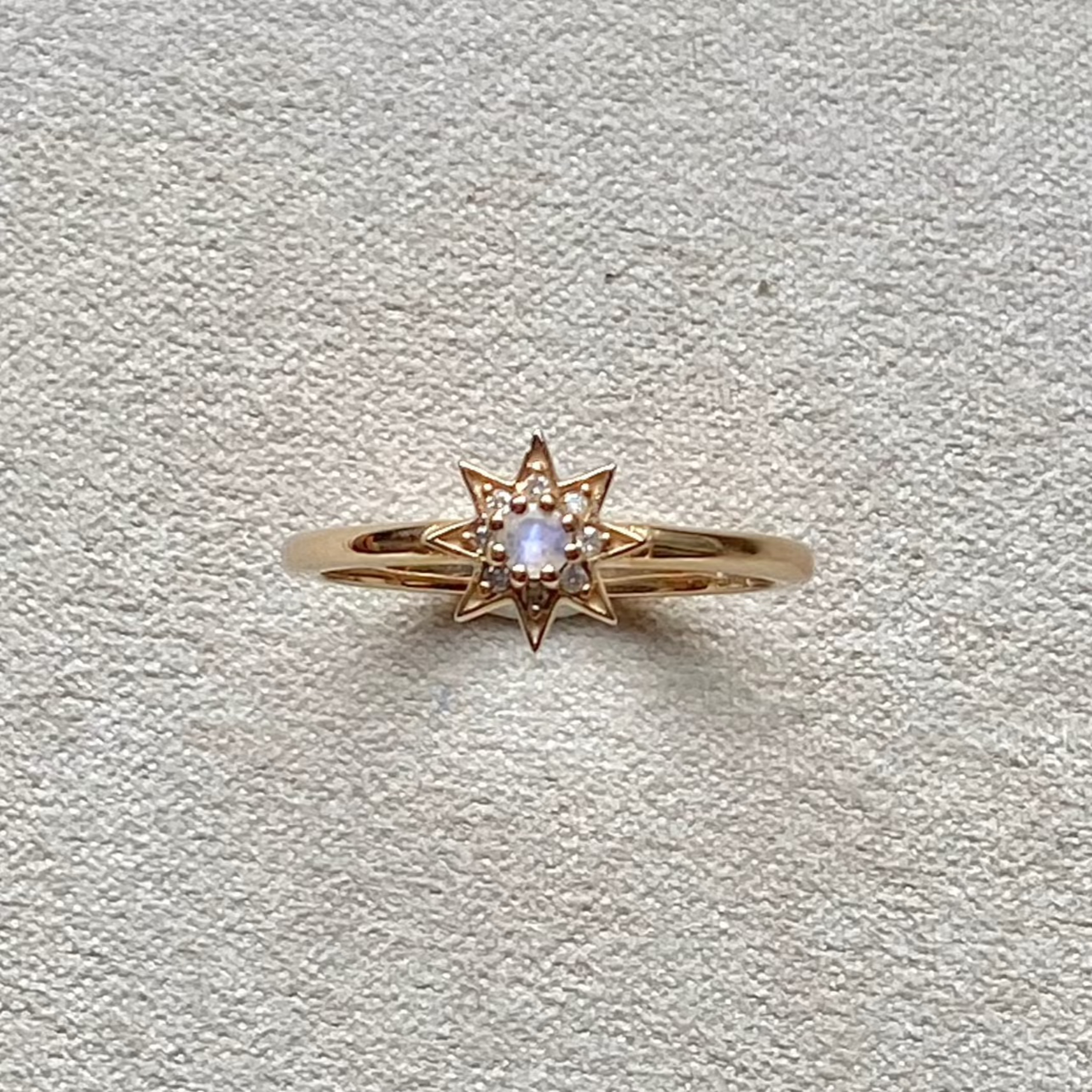 Moonstone & Grey Diamond Star Ring 9k Gold Size M Sample