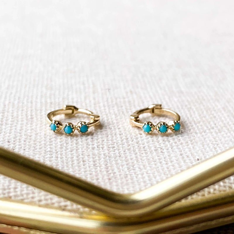 Mini Turquoise Trilogy Huggie Hoop Earring Pair 9k Gold