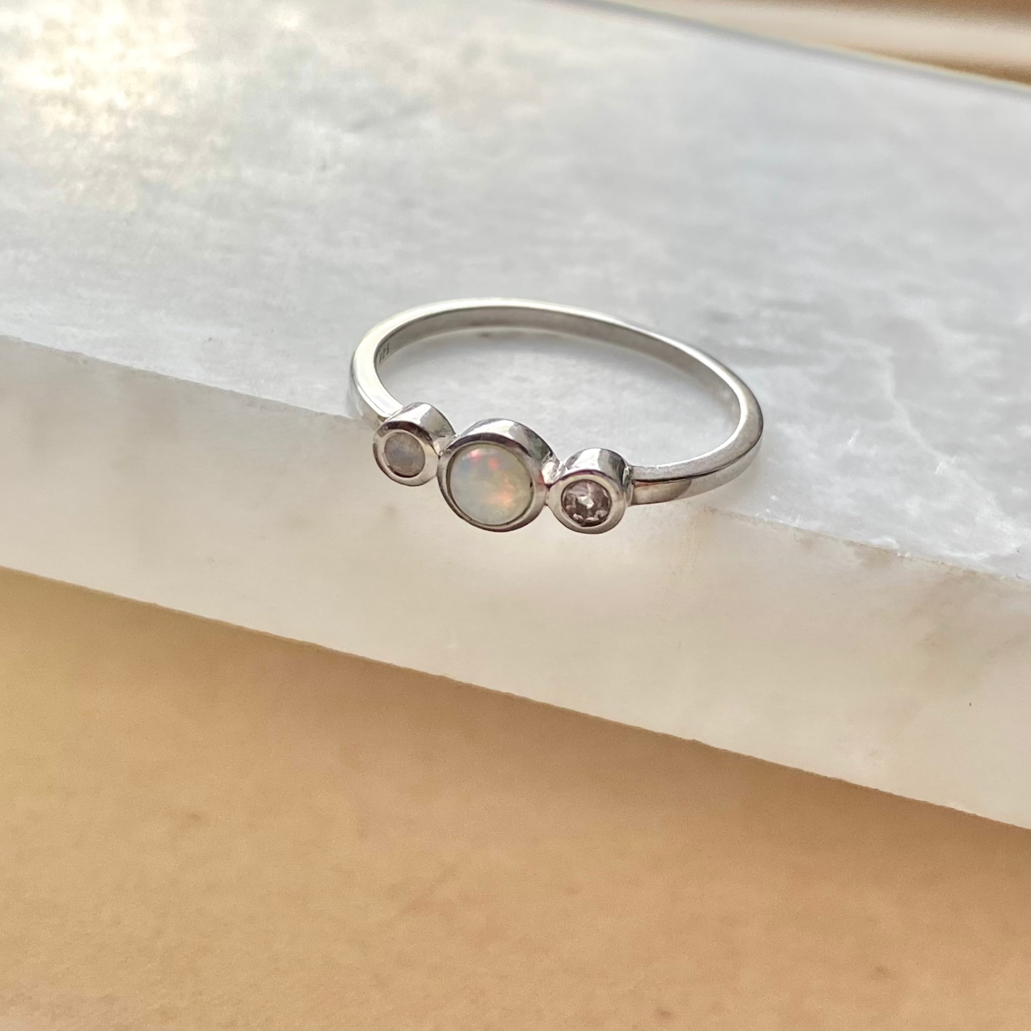 Opal, Moonstone & Morganite Sterling Silver Ring Size M Sample