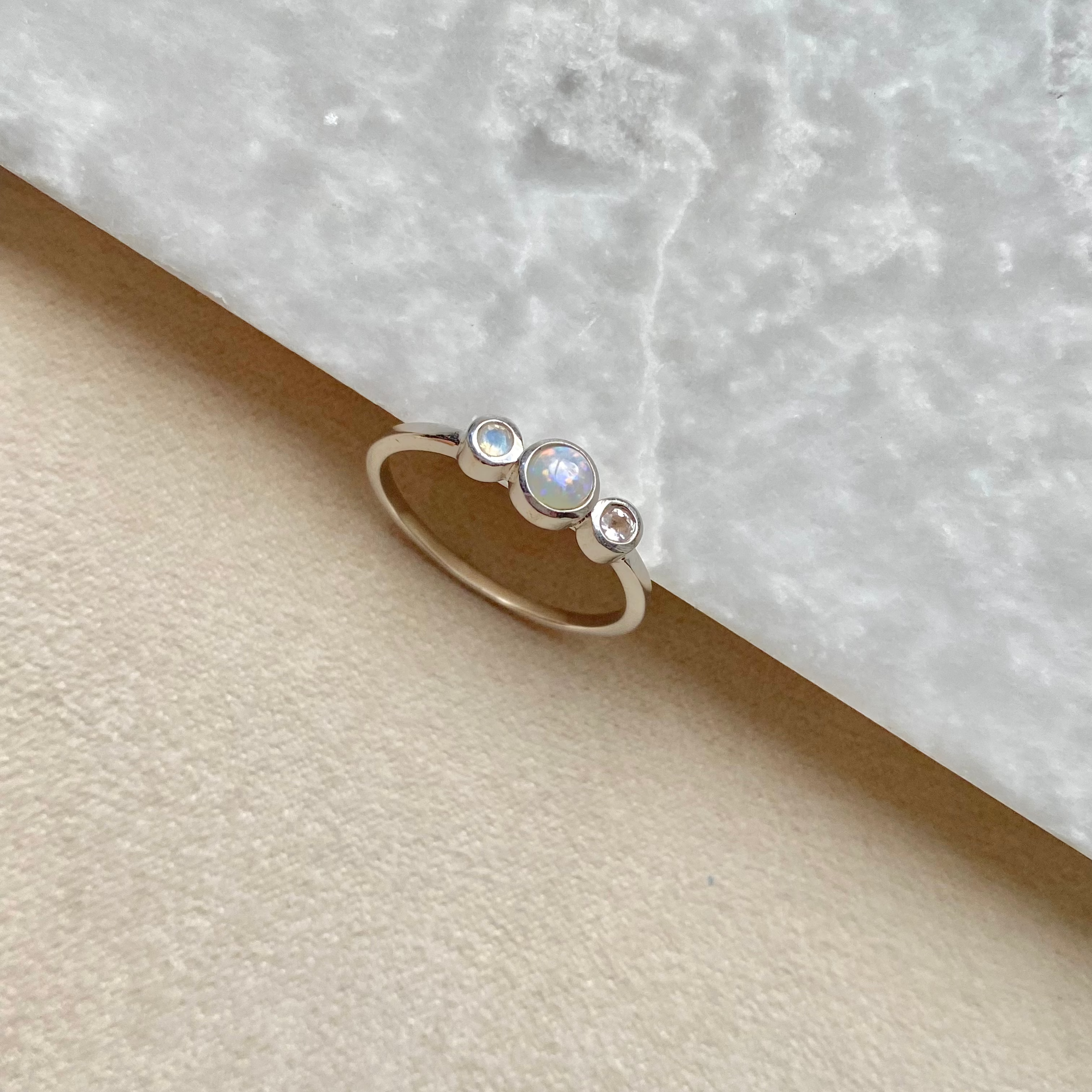 Opal, Moonstone & Morganite Sterling Silver Ring Size M Sample